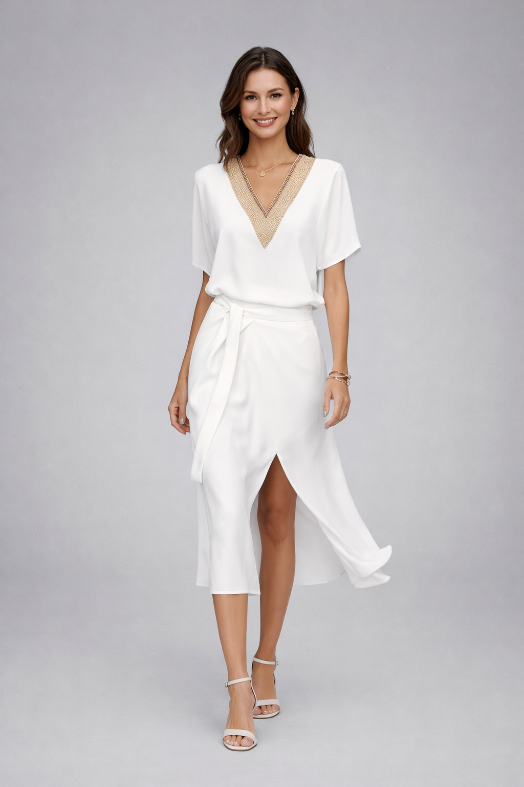 Diana | Abito Longuette Bianco Estivo Con Elegante Scollo A V
