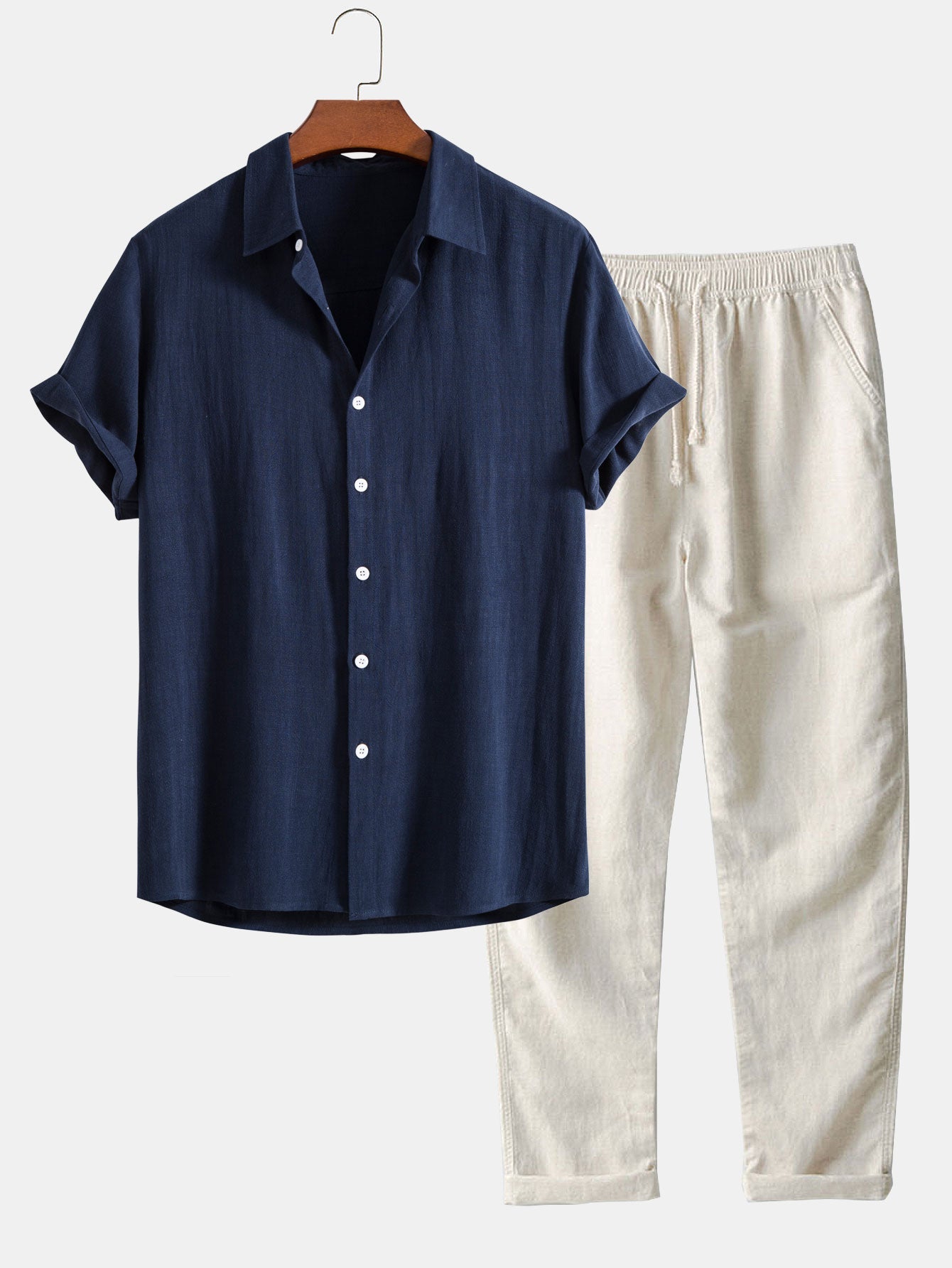 Camicia In Misto Lino E Viscosa Con Bottoni E Pantaloni Dritti In Lino