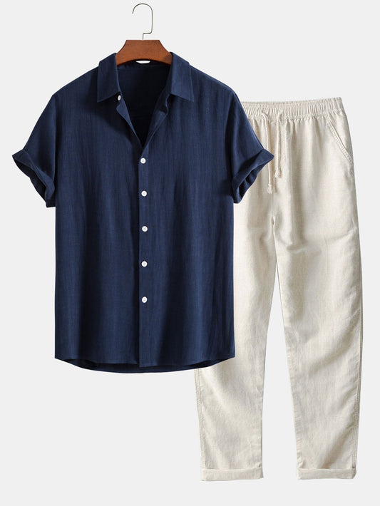 Camicia In Misto Lino E Viscosa Con Bottoni E Pantaloni Dritti In Lino