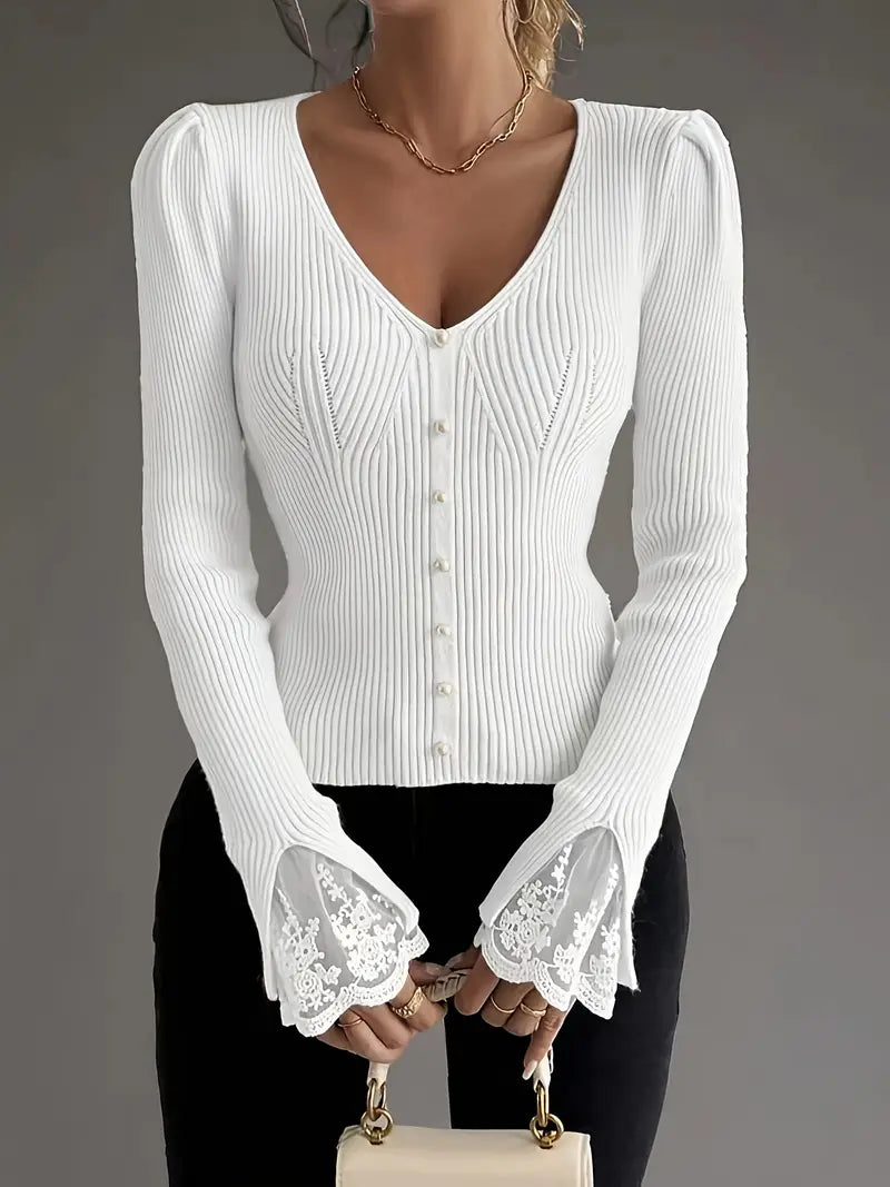 Real | Maglia Elegante A Coste Con Dettagli In Pizzo