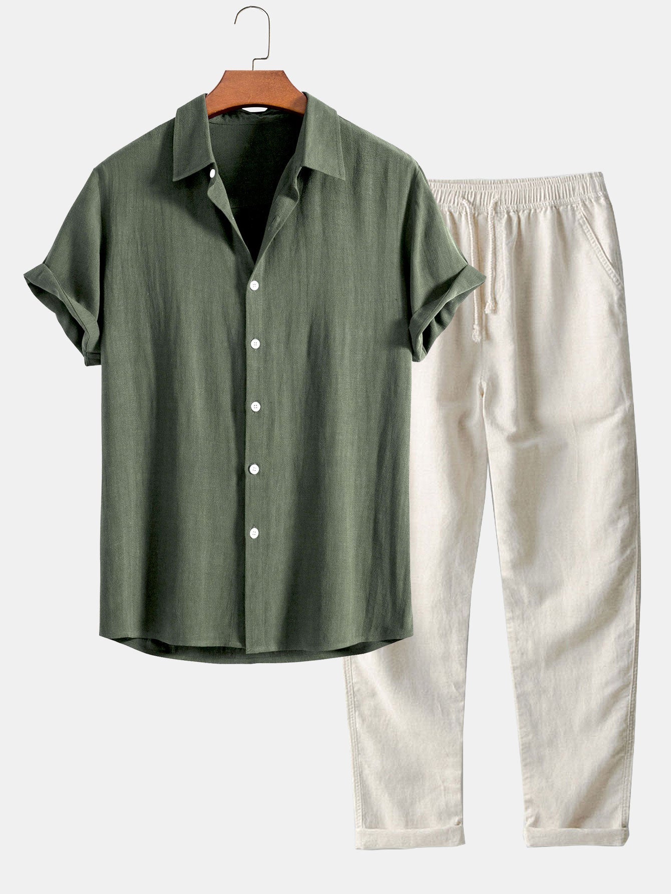 Camicia In Misto Lino E Viscosa Con Bottoni E Pantaloni Dritti In Lino