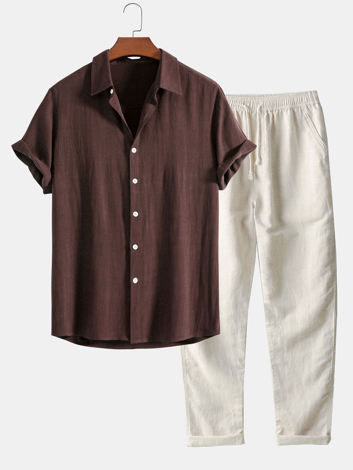 Camicia In Misto Lino E Viscosa Con Bottoni E Pantaloni Dritti In Lino