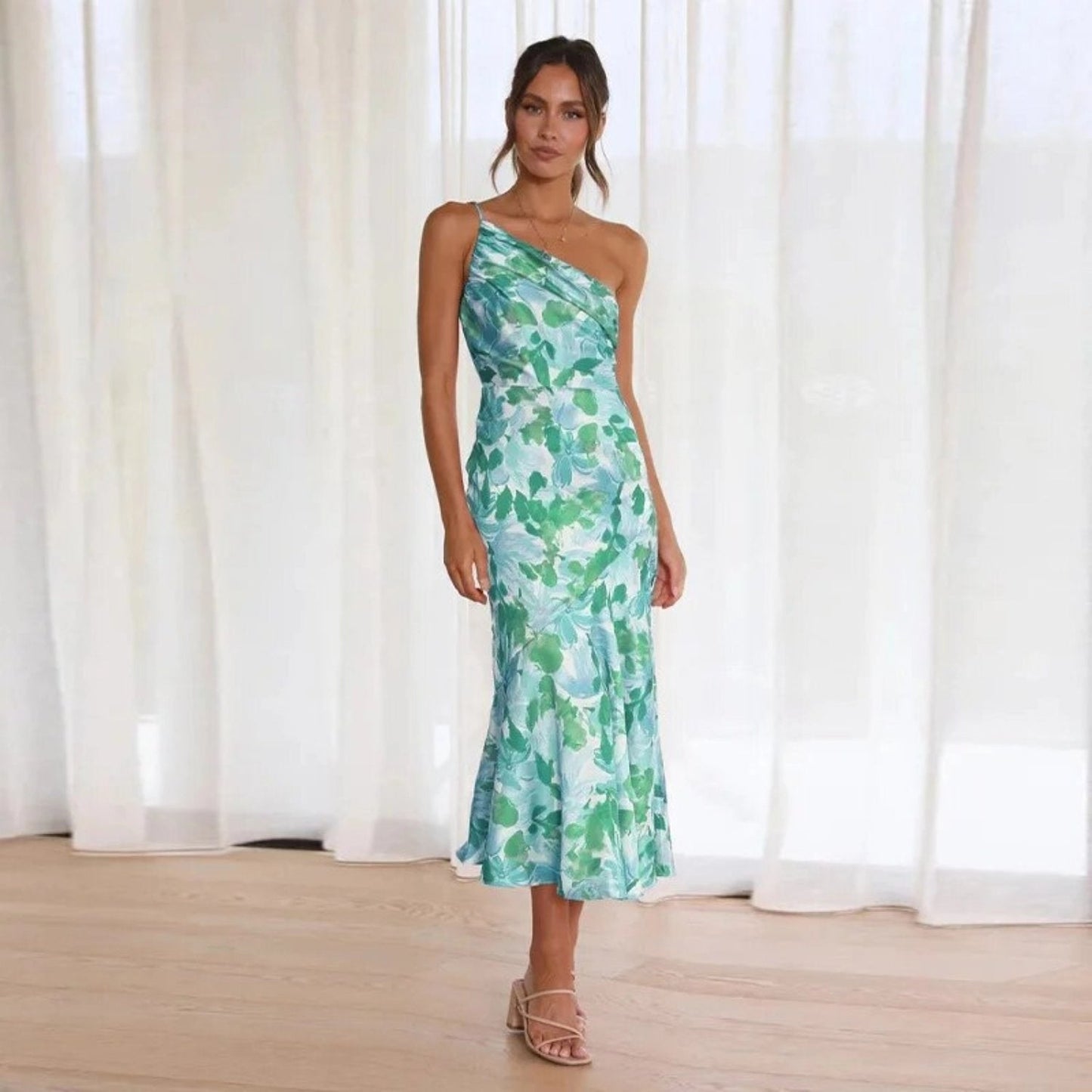 Serena - Abito Maxi Asimmetrico Con Motivo Floreale