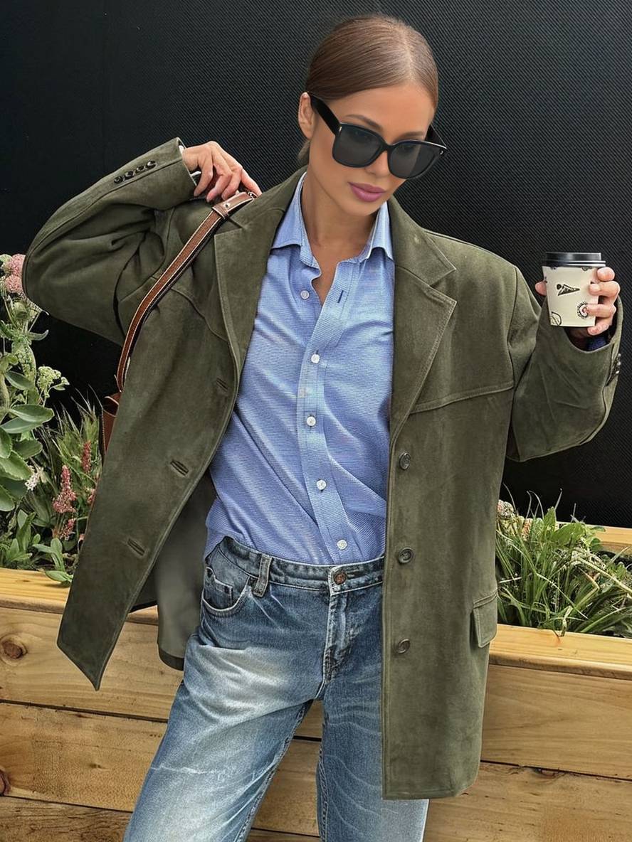 Donna con occhiali da sole indossa giacca bordeaux su camicia azzurra e jeans, tiene caffè in mano. Moda autunnale casual chic.