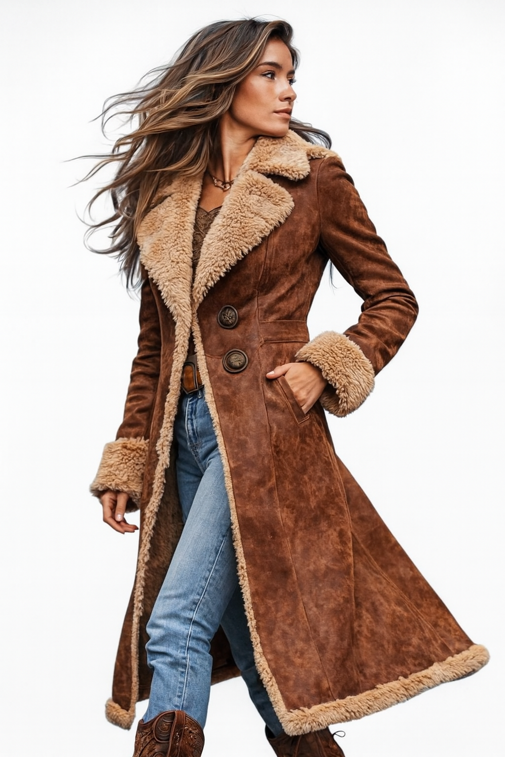 Nuvia | Cappotto Lungo di Ispirazione Vintage con Pelliccia