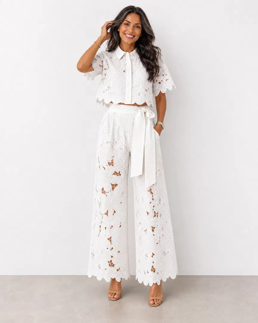 Completo Due Pezzi Donna | Pizzo Traforato & Pantalone a Palazzo