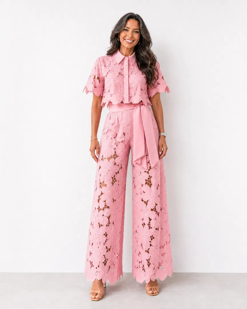 Completo Due Pezzi Donna | Pizzo Traforato & Pantalone a Palazzo