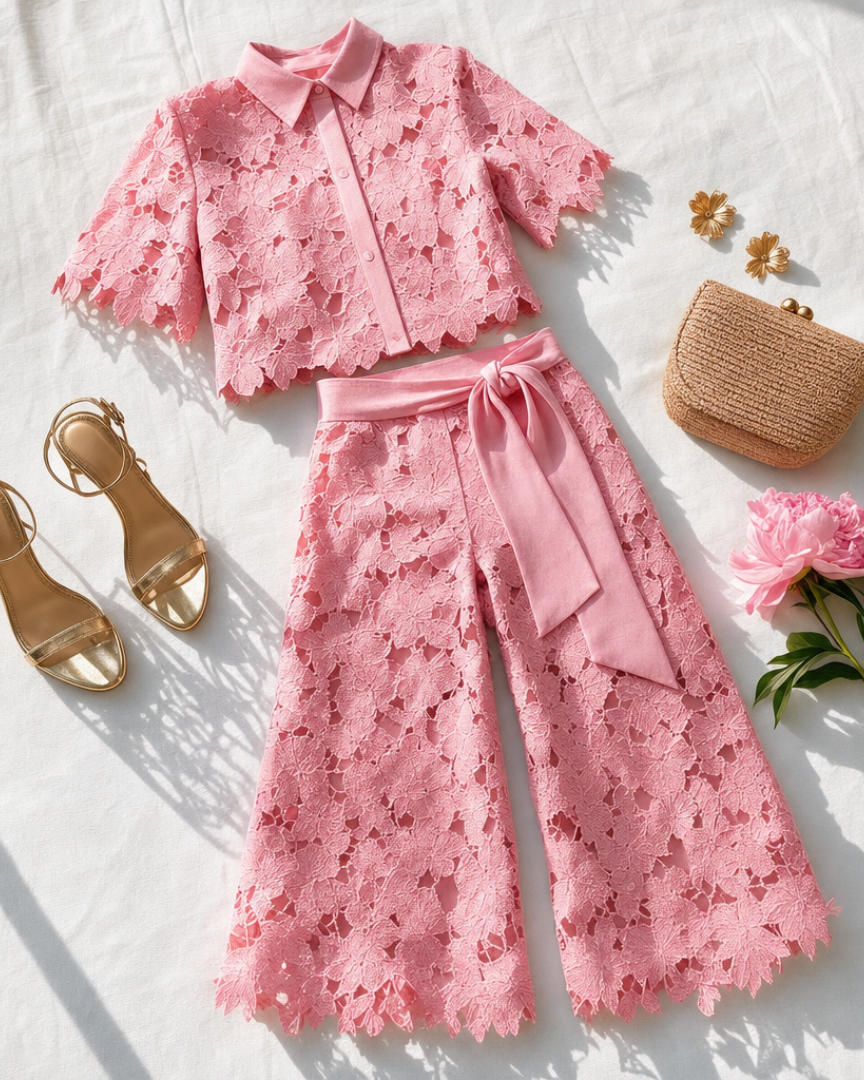 Completo Due Pezzi Donna | Pizzo Traforato & Pantalone a Palazzo