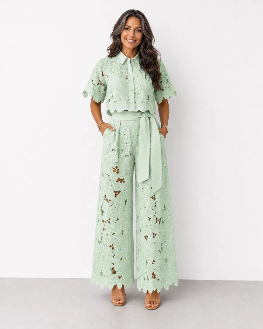 Completo Due Pezzi Donna | Pizzo Traforato & Pantalone a Palazzo