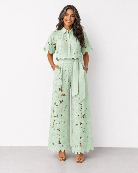 Completo Due Pezzi Donna | Pizzo Traforato & Pantalone a Palazzo