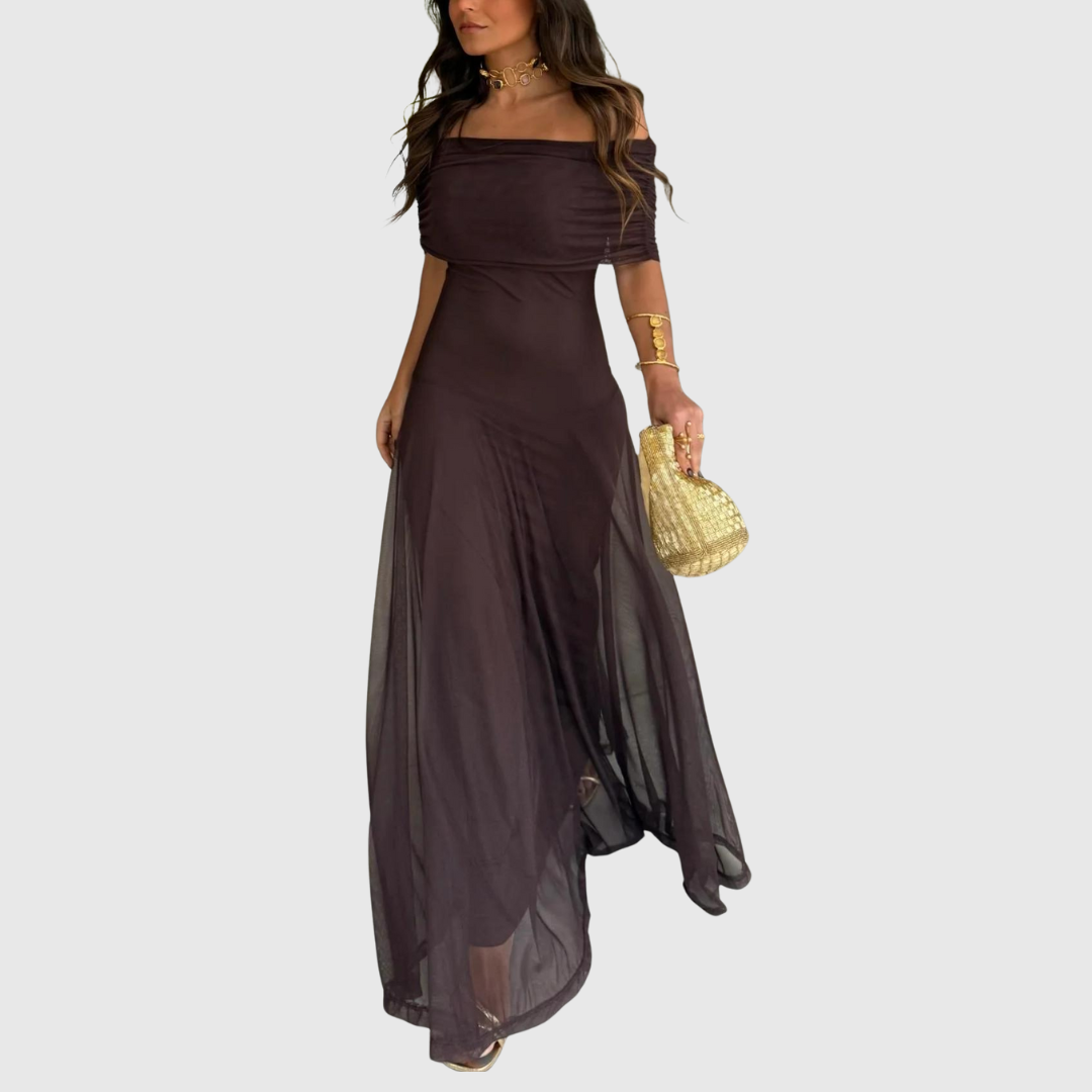 Dovira | Abito Lungo In Chiffon Donna Scollo Bardot Linea A 5