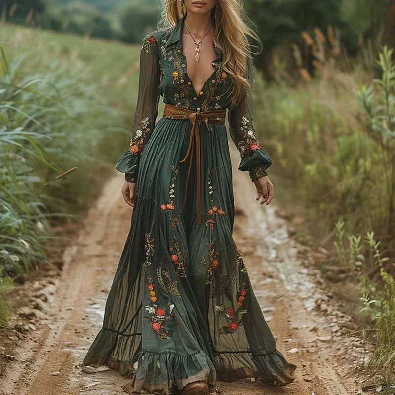 Eliana – Abito Maxi Boho con Gonna a Balze per Donna Marrone scuro