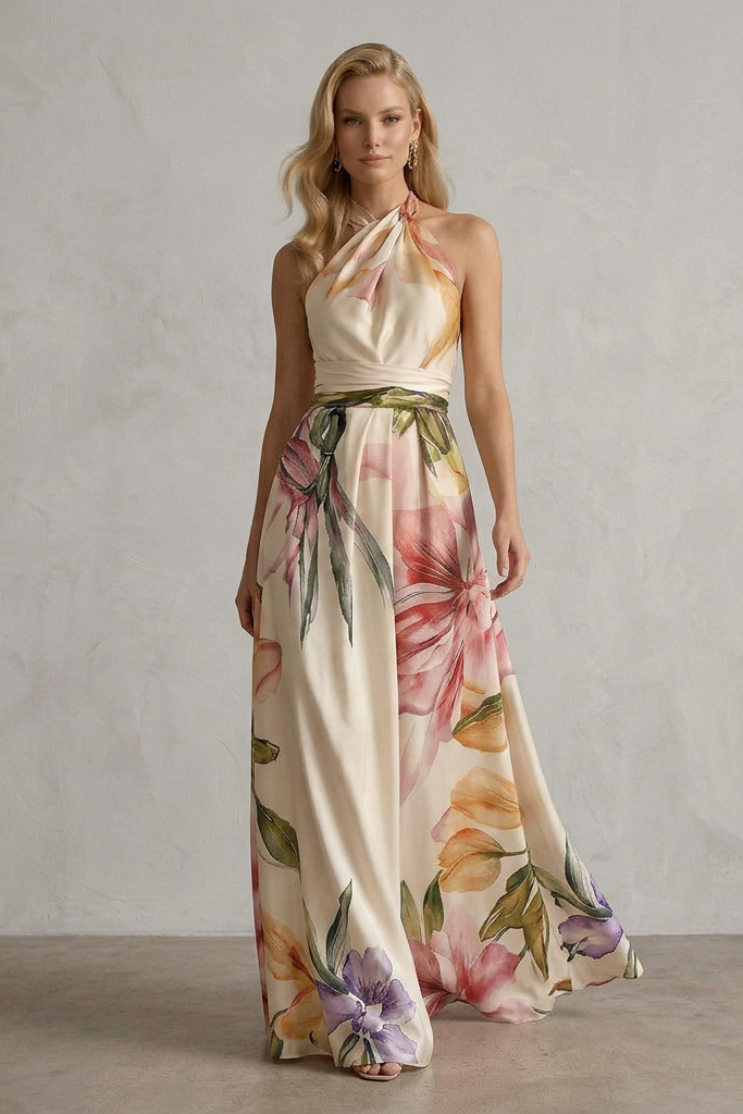 Liora | Abito Lungo Con Scollo Halter Floreale
