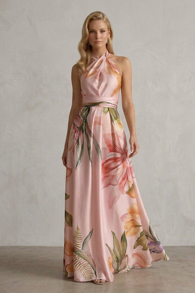 Liora | Abito Lungo Con Scollo Halter Floreale