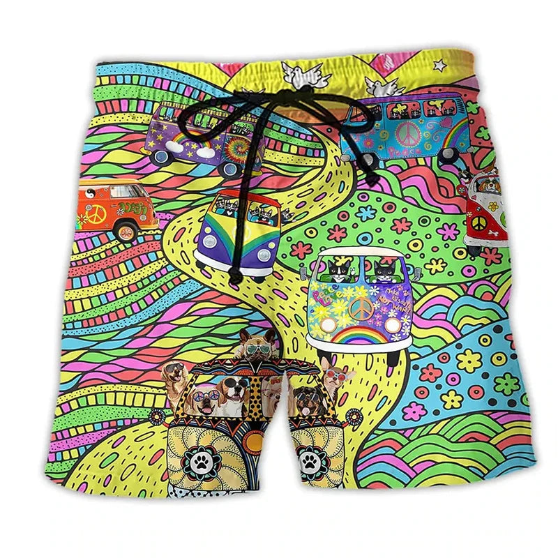 Pantaloncini da bagno colorati con stampa psichedelica di furgoni hippie e motivi floreali, perfetti per l'estate e lo stile retrò.