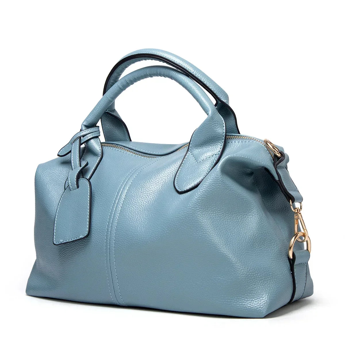 Borsa a mano in pelle blu chiaro, design elegante con manici robusti e tracolla regolabile. Accessorio moda donna, stile sofisticato e moderno.
