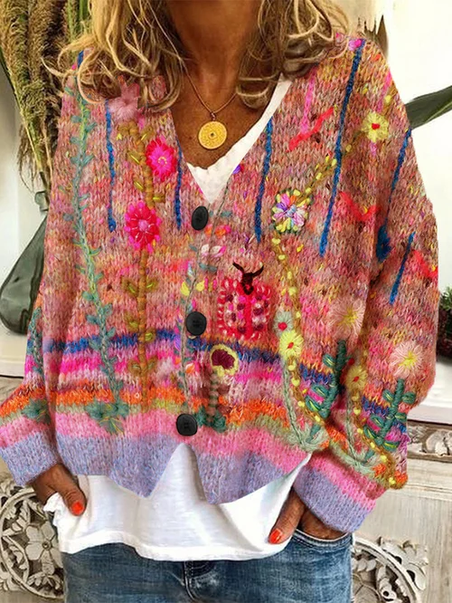 Fiona - Cardigan Di Flanella Con Bottoni Casual e Allentati