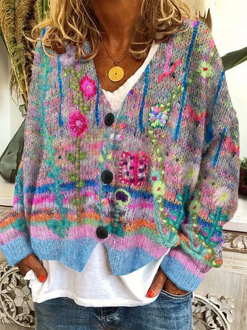 Fiona - Cardigan Di Flanella Con Bottoni Casual e Allentati