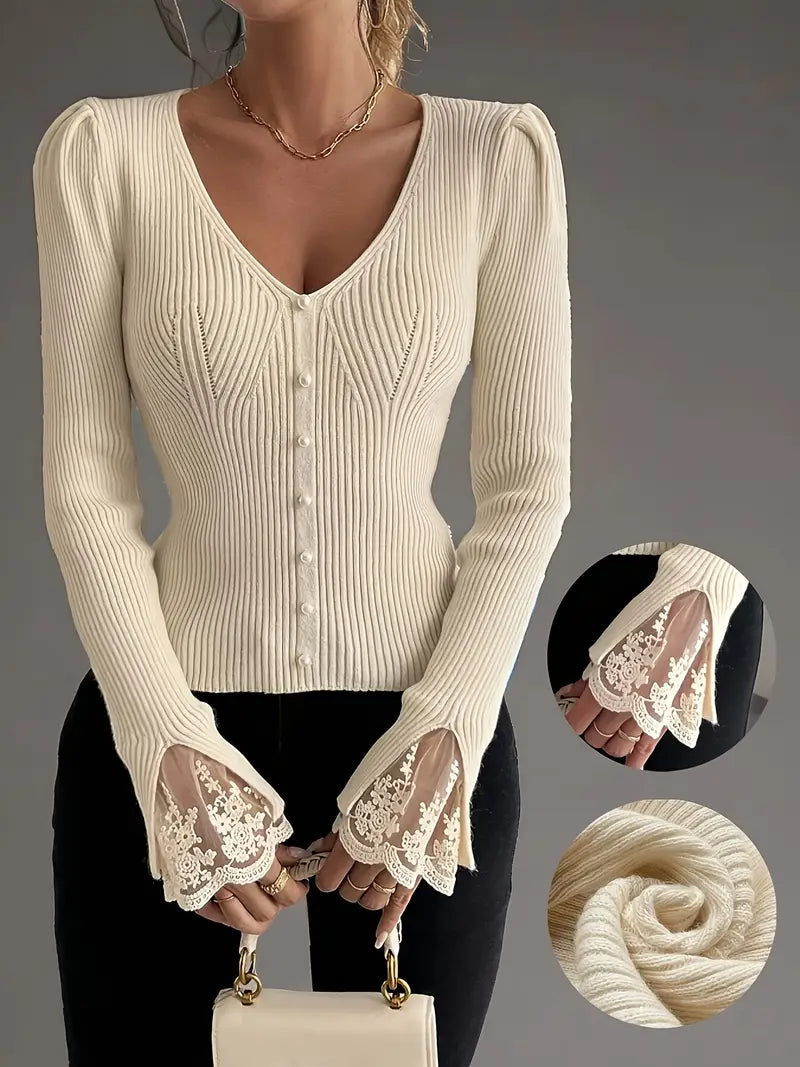 Real | Maglia Elegante A Coste Con Dettagli In Pizzo