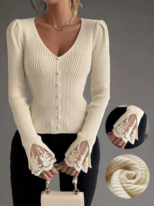 Real | Maglia Elegante A Coste Con Dettagli In Pizzo