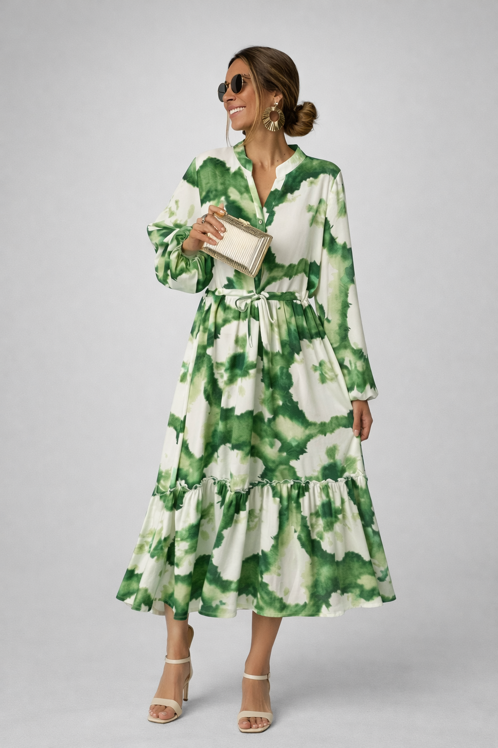Elna | Abito Estivo Lungo Con Maniche Lunghe E Scollo A V, Per Un'Eleganza Disinvolta.